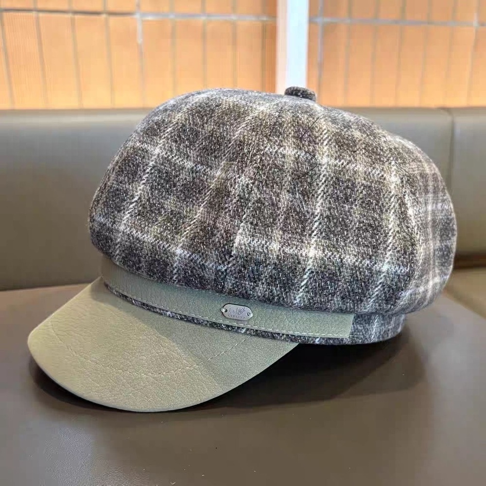Plaid Newsboy Cap in Gray and Olive